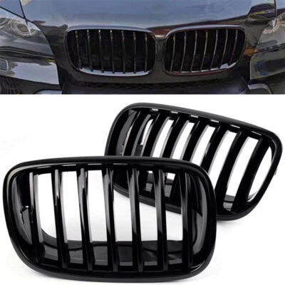 Pair Gloss Black Front Hood Kidney Grille Grill For BMW X5 X6 E70 E71 2007-2013 - Изображение 1 из 4