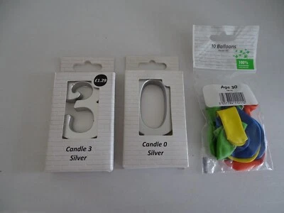 NUEVAS Velas de Cumpleaños Plata Número 3+0 + 30 Globos Decoración Edad Metálica Foto 1 de 4