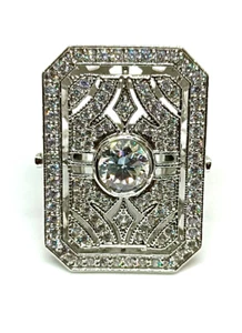 Antique Art Deco Moissanite Engagement Ring 14K White Gold Plated - Picture 1 of 18