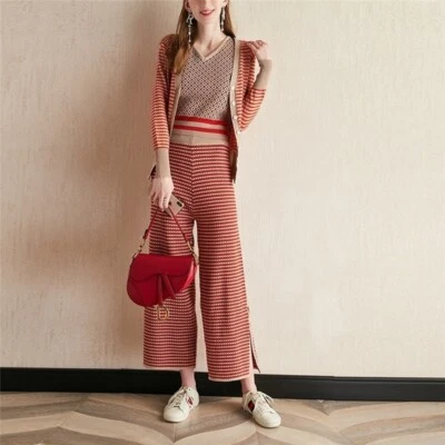 Jaqueta cardigãs listrada tricô feminina colete pernas largas calças terno conjunto de roupa - Imagem 1 de 4