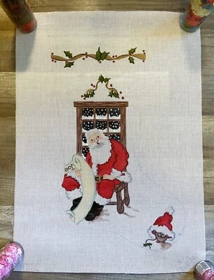 Handpainted Needlepoint Christmas Stocking Canvas STITCHES Santa Chair with List - Image 1 of 4