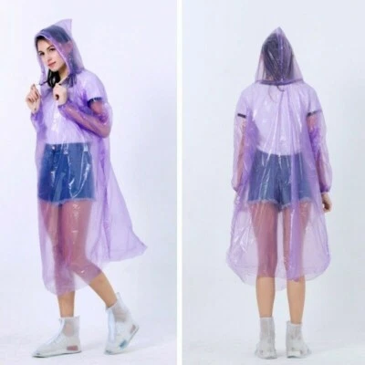 5pcs Unisex Disposable Hooded Long Raincoat Rain Jacket Coat Waterproof Loose - Image 1 of 4
