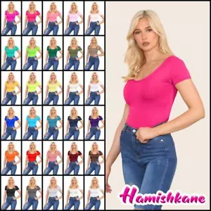 Womens Short Sleeve Bodysuit Plain Ladies Round Neck Stretch Leotard T-Shirt Top - Picture 1 of 113