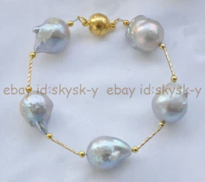 Huge Natural Silver Gray Reborn Keshi Baroque Pearl Station Bangle Bracelet 8'' - Picture 1 of 4