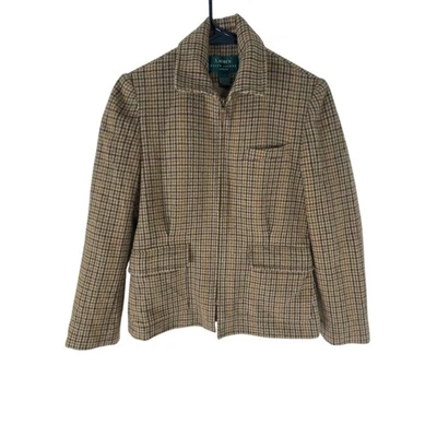 Lauren Ralph Lauren Jacket Womens Petite Medium Brown Wool Tweed Houndstooth Zip - Image 1 of 4