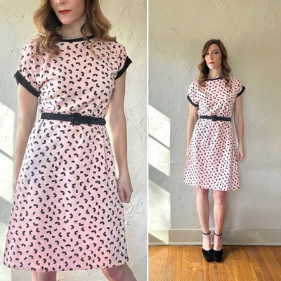 Vestido de felpa francesa rosa/negro vintage de mezcla de algodón de los años 80  Foto 1 de 4