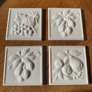 Pack Of 4 Fruit Themed 4x4” White Ceramic Tiles, Made In England, Kitchen NIB - Picture 1 of 12