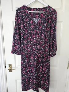 Joules Nettie Dress Size 14 Navy & Pink Floral 3/4 Sleeves Tie Belt Viscose - Picture 1 of 14