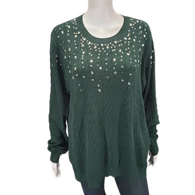 Isaac Mizrahi Live! Suéter de cuello redondo con punto de cable con joyas talla X-grande verde Foto 1 de 4