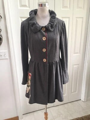 Anthropologie Nick & Mo Gray Trench Flower Appliqué L Excellent Jersey Stretch - Image 1 of 4