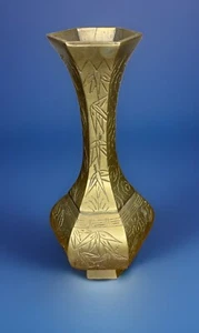 Chinese Brass Hexagon Tulip Shaped Etched Bud Vase Floral  - Picture 1 of 7