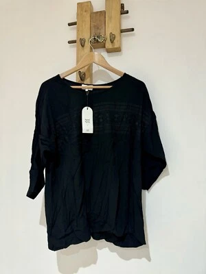 NUEVA Blusa Top Noa Negra Bordada Viscosa Túnica Media Manga Talla 36 Reino Unido 8 Foto 1 de 4
