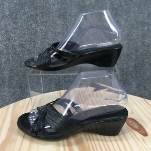 Italian Shoemakers Sandals Womens 7.5W Slip On Slides Black Leather Wedge Casual - Picture 1 of 13