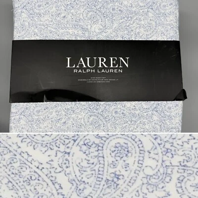 4pc Ralph Lauren Blue Paisley KING Sheet Set Off White 18" XDeep Mattress NEW - Image 1 of 4