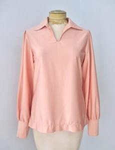 Vtg 70s Mod Pink Qiana Nylon Knit Collared V-Neck Blouse Top Pirate Sleeves 12 - Picture 1 of 7
