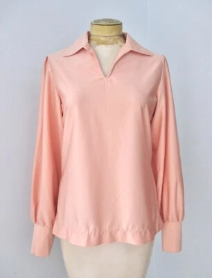 Vtg 70s Mod Pink Qiana Nylon Knit Collared V-Neck Blouse Top Pirate Sleeves 12 - Image 1 of 4