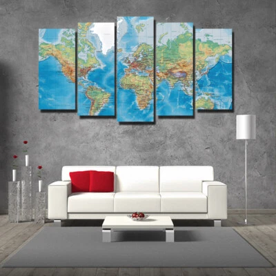 World Map Set Of 5 Pcs Puzzle Thin Canvas Poster Art Home Bar Wall Decor 21 - Image 1 of 4
