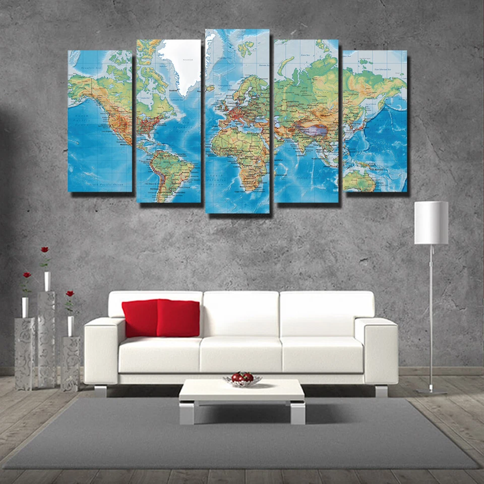 World Map Set Of 5 Pcs Puzzle Thin Canvas Poster Art Home Bar Wall Decor 21 - Image 1 of 4