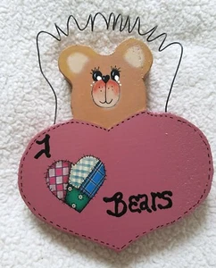 Oso decorativo de estante hecho a mano pintado a mano de madera con letrero de corazón ~ I Love Bears ~ rosa oscuro - Imagen 1 de 5