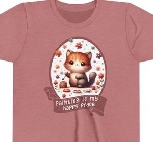 Kawaii Cat Youth Tee, Painting is My Happy Place, Kids Art Shirt, Cute Kitten - Picture 1 of 9
