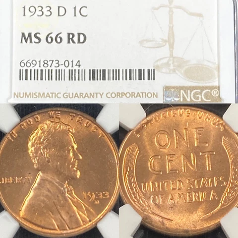 1933-D MS66RD NGC Lincoln Wheat Cent 1c - Conditional Rarity - Bright Red - PQ Cover