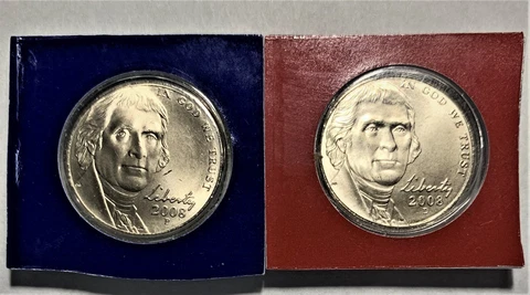 2008 P+D Jefferson Nickel. Strike Type Satin. Original Mint Wrapper. 2coins set Cover