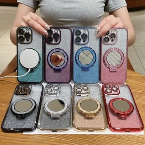 For iPhone 16 Pro Max 15 14 13 12 11 8 7 Magnetic Makeup Mirror Case with Stand - Picture 1 of 16