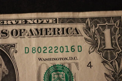 ONE DOLLAR FANCY BIRTHDAY/ANNIVERSARY NOTE [AUG 22, 2016]  SN # D 80222016 D - Image 1 of 3