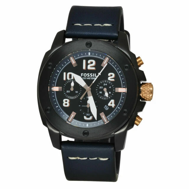 Fossil Men's 45mm Chronograph Blue Calfskin Mineral Glass Quartz Watch FS5066