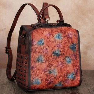 Genuine Leather Backpack for Women Hand Painted Knapsack Purses Casual Daypack - Picture 1 of 13