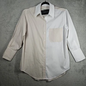 Signature 8 Oversized Poplin Stripe/Solid Oceanside Button-Up Shirt Tan White L - Picture 1 of 17
