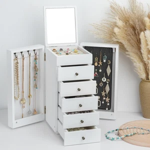 Weiße Schmuckschatulle Holz für Frauen, 6-lagig große Organizer Box mit Spiegel & 5 Dr - Bild 1 von 7