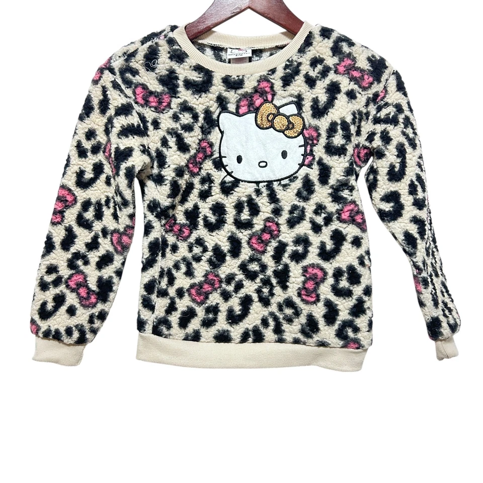 Hello Kitty Girls Sweatshirt 8/10 Leopard Print Fuzzy Pullover Sequin Bow Cozy - Image 1 of 4