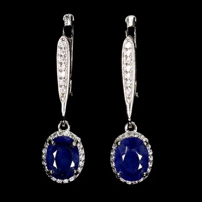 925纯银耳环椭圆形蓝色蓝宝石8x6毫米天然宝石首饰 — 第 1/4 张图片