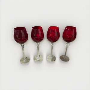 Rare VTG Set Of  4 Wine Glasses Ruby Red Clear Swirl Stems Excellent 11.5 Inch. - Picture 1 of 3