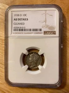 1938 D Silver Mercury Dime, NGC Graded: AU - Picture 1 of 2