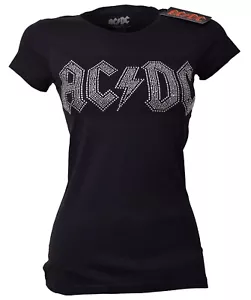 AC DC Logo Diamante T Shirt Official Ladies  Skinny Sparkly Embellished NEW - Picture 1 of 37