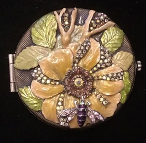 Rare Jay Strongwater Bee Flower Enamel Crystal Mirror Compact Purple Yellow - Picture 1 of 9