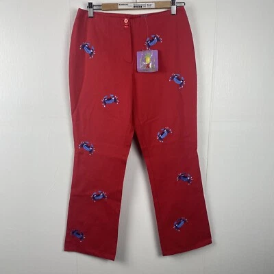 CJ Laing Women’s Red NWT Embroidered Blue Lobster Pants 100% Cotton Size 6. - Image 1 of 4