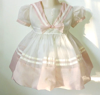 VESTIDO DE FIESTA TRANSPARENTE ROSA VINTAGE BEBÉ NIÑA TEMA MARINERO ~ ADORABLE Foto 1 de 4