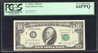 FR 2029-C 1990 $10 FRN FEDERAL RESERVE NOTE PHILADELPHIA, PA PCGS UNC-64PPQ - Image 1 of 2