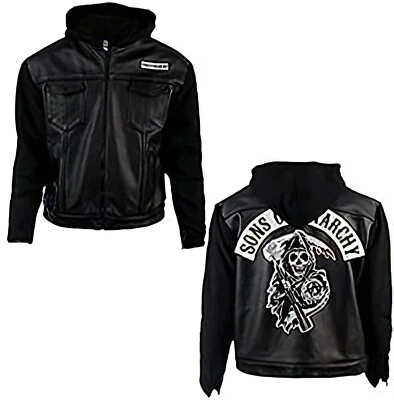 Men's Sons of Anarchy Genuine Cowhide Black Leather Jacket with hoodie-15 - Image 1 of 4