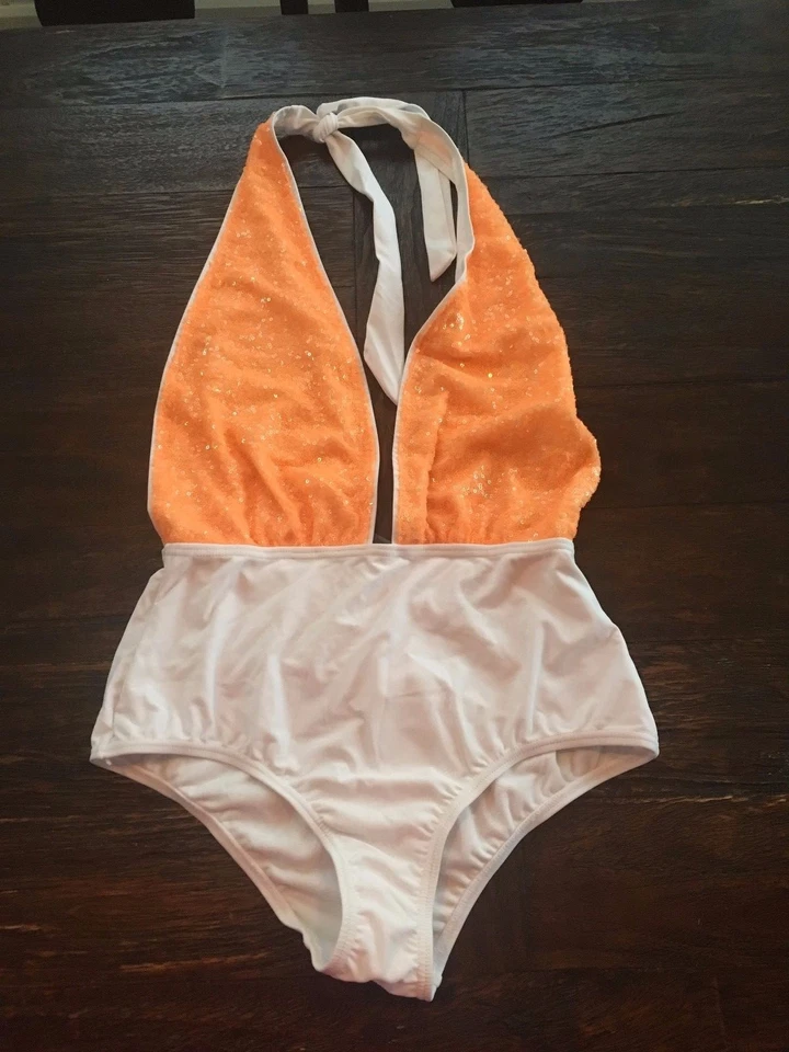 South Beach Sequin Halter Plunge Swimsuit NEW SZ 10 Orange & White SUPER SEXY!  - Image 1 of 4