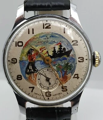 复古手表 Pobeda 苏联海军 1955 年彩绘表盘机械艺术品苏联 ⭐☭ — 第 1/4 张图片