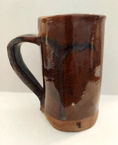Studio Pottery Stoneware Tall Coffee Mug Cup Brown Glazed Handmade Signed - Picture 1 of 8