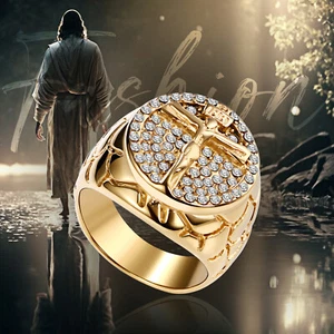 Jesus Cross Gold Plated Stainless Steel Wedding Ring CZ Religious Band for Men - Picture 1 of 7