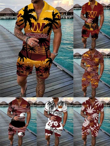 Washington Commanders Men Hawaiian Tracksuit Zip Loose Tops Jogging Board Shorts Cover