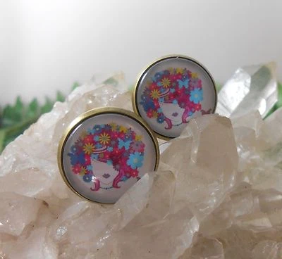 Ohr Clips 70er Hippi Blumen Kopf / antik bronce / Cabochon 16 mm / handgefertigt - Bild 1 von 2