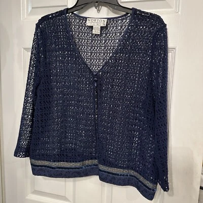 Norton Studio Size L Navy Crochet Poly Knit Short Jacket Mettallic Ribbon 3/4 Sl - Image 1 of 4