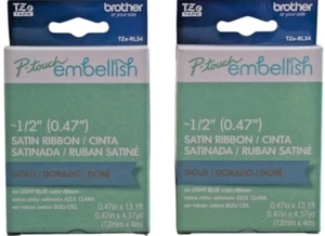Genuine Brother P-Touch Embellish Satin Gold on Light Blue TZe-RL34 - Lot of 2 - Picture 1 of 1